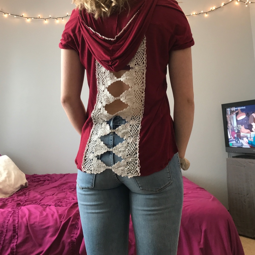 Hooded T-shirt with lace back detailing